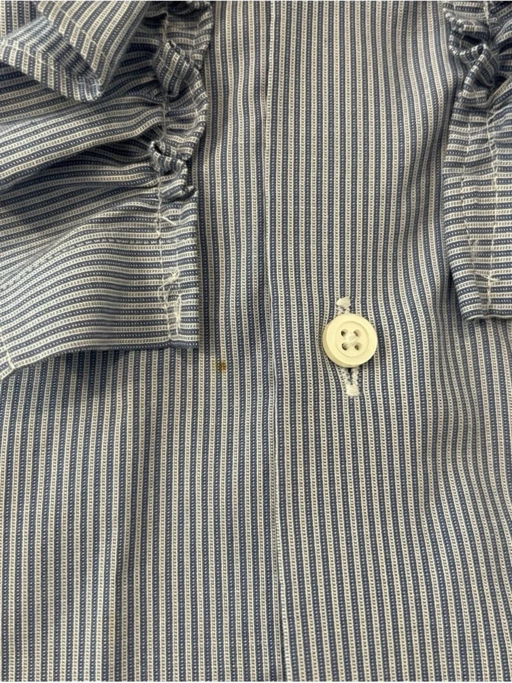 KMJ Ruffled Pinstripe Button-Down Blouse in Light Blue